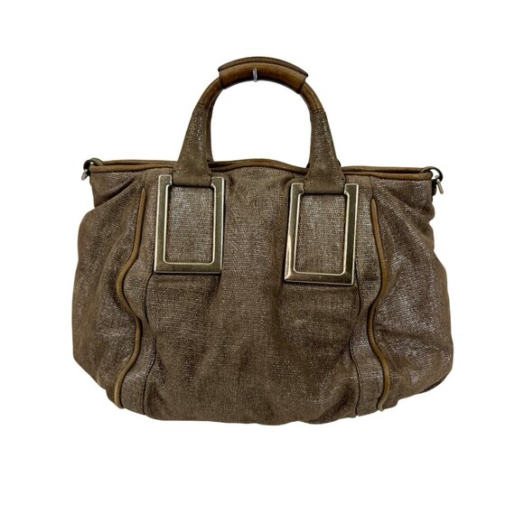 Vintage Chloé Shimmer Suede Satchel Handbag w/Dual Handles Zip Closure Logo Y2K - Picture 6 of 16